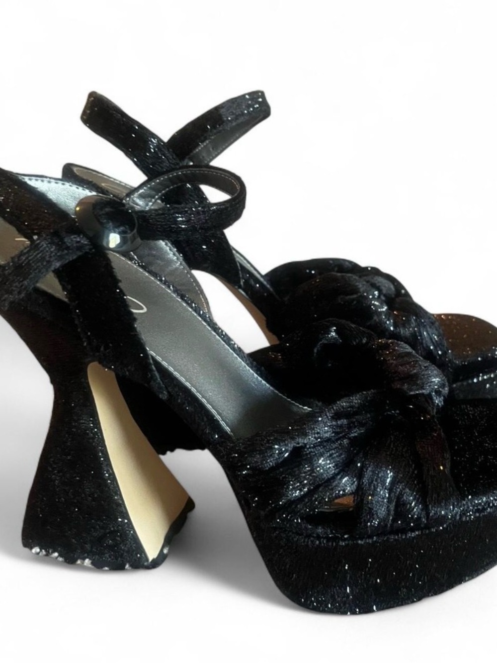 Black Velvet‎ Knotted Platform Heels with Sculpted Block Heel